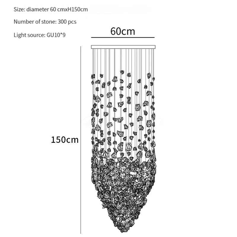 Black Art Luxury Stone Crystal Chandelier For Staircase Hallway Lobby Modern Cristal LED Hanging Lamp Home Indoor Light Fixtures