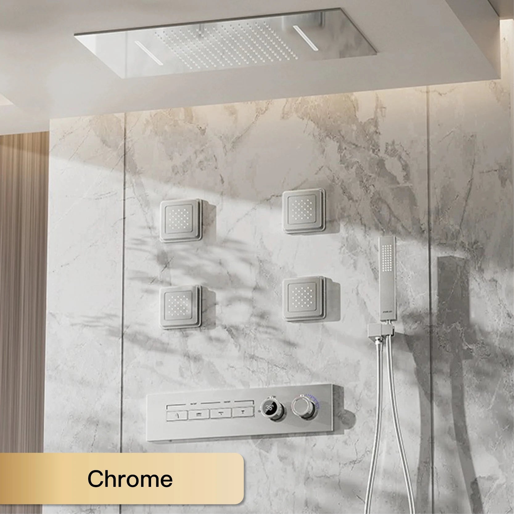 Luxury gray brass shower system with ceiling design, LED display, dual hot and cold controls, by 𝕄𝕔 𝕋𝕙𝕖 𝔹𝕝𝕒𝕔𝕜 𝔻𝕚�