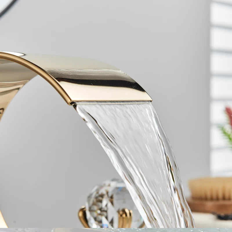 MC THE BLACK DIAMOND Shinesia luxury golden bathroom basin faucet with dual crystal handles, waterfall design for vessel sinks