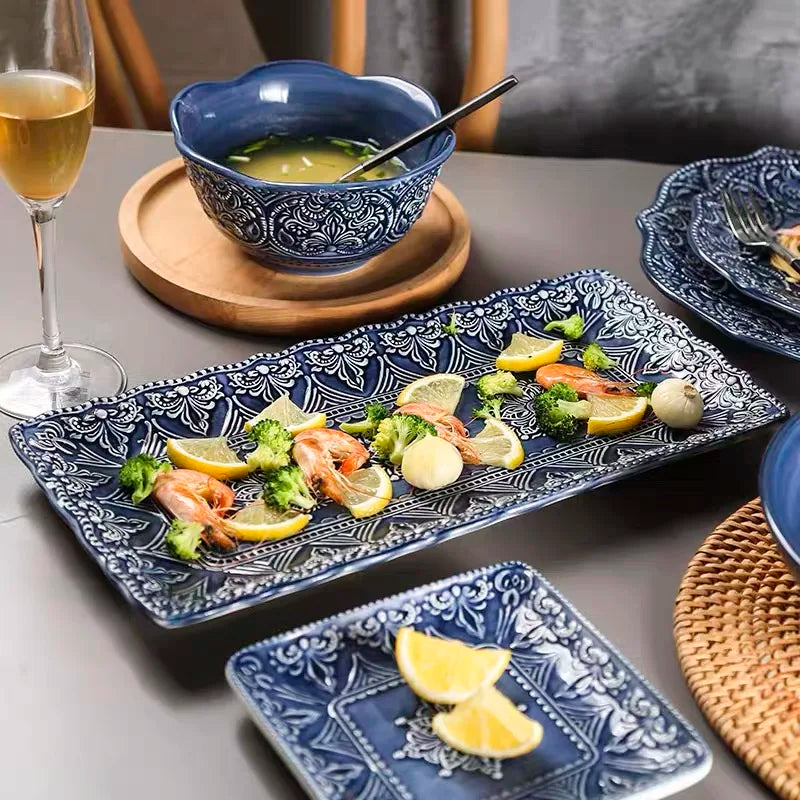 Blue retro relief ceramic kitchen dishes set featuring intricate designs, by 𝕄𝕔 𝕋𝕙𝕖 𝔹𝕝𝕒𝕔𝕜 𝔻𝕚𝕒𝕞�