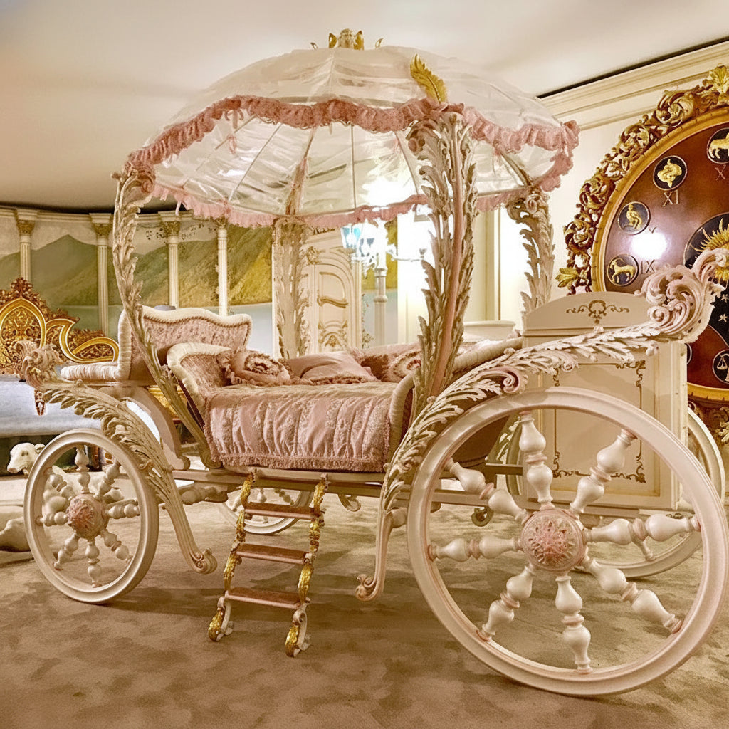 Pink Royal Craftsman No. 1 European solid wood princess bed carriage for girls, with a cute, customized French design.