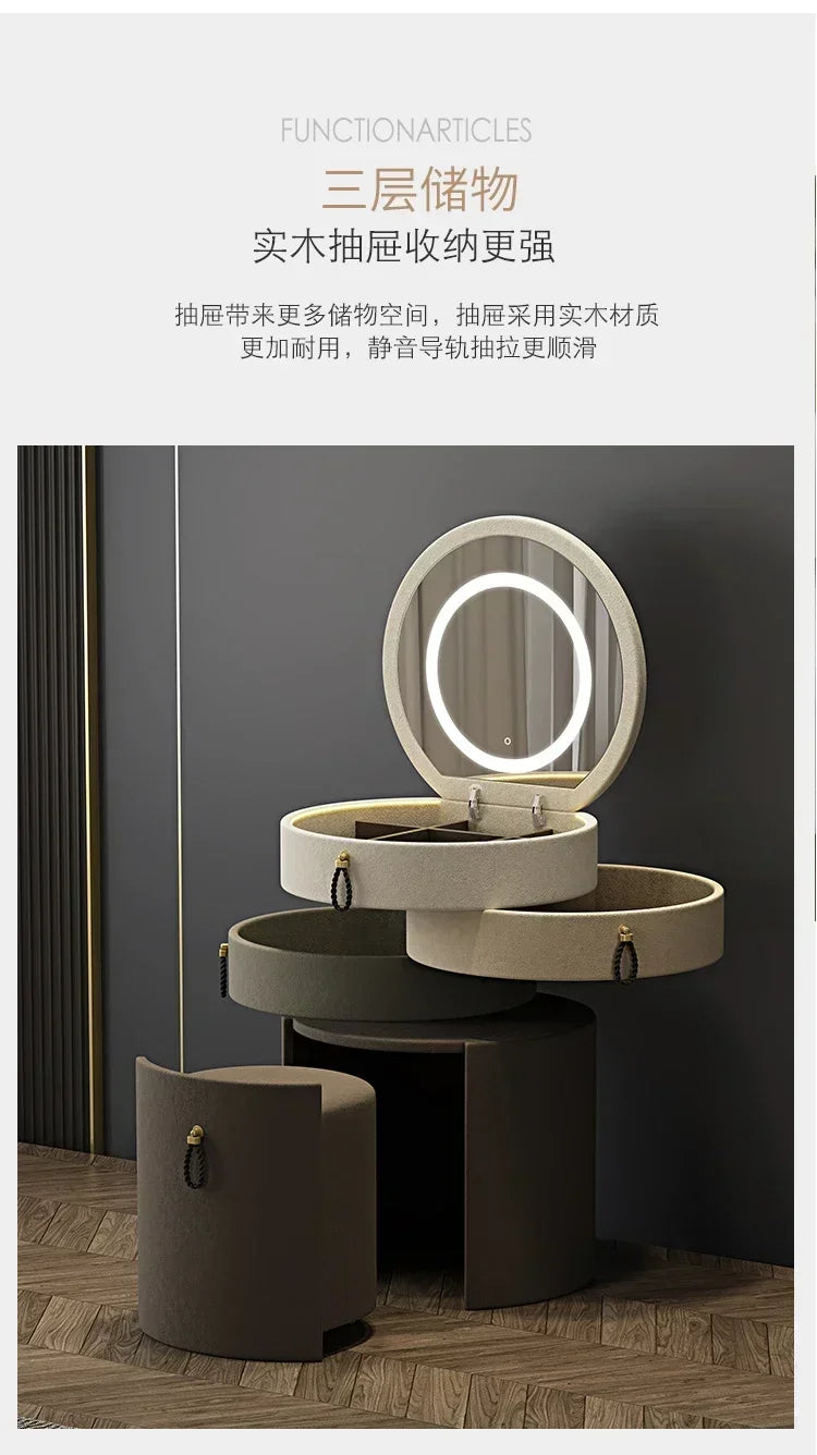Modern MC THE BLACK DIAMOND makeup vanity with mirror, storage drawers, and matching stool, ideal for elegant dressing rooms.