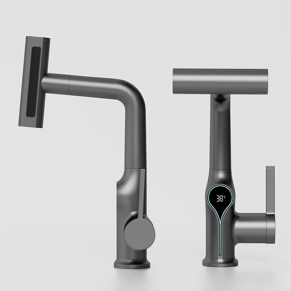 Black bathroom waterfall basin faucet with digital temperature display, lift-up stream sprayer, hot and cold water mixer tap.