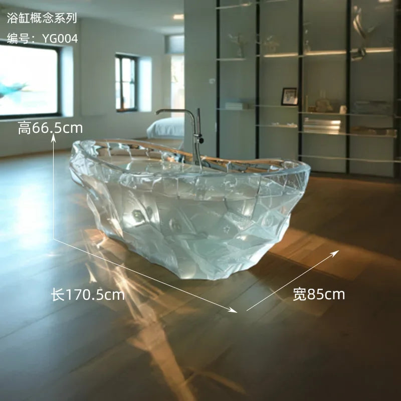 Transparent freestanding resin bathtub by MC THE BLACK DIAMOND, featuring a modern crystal design for a stylish bathroom.