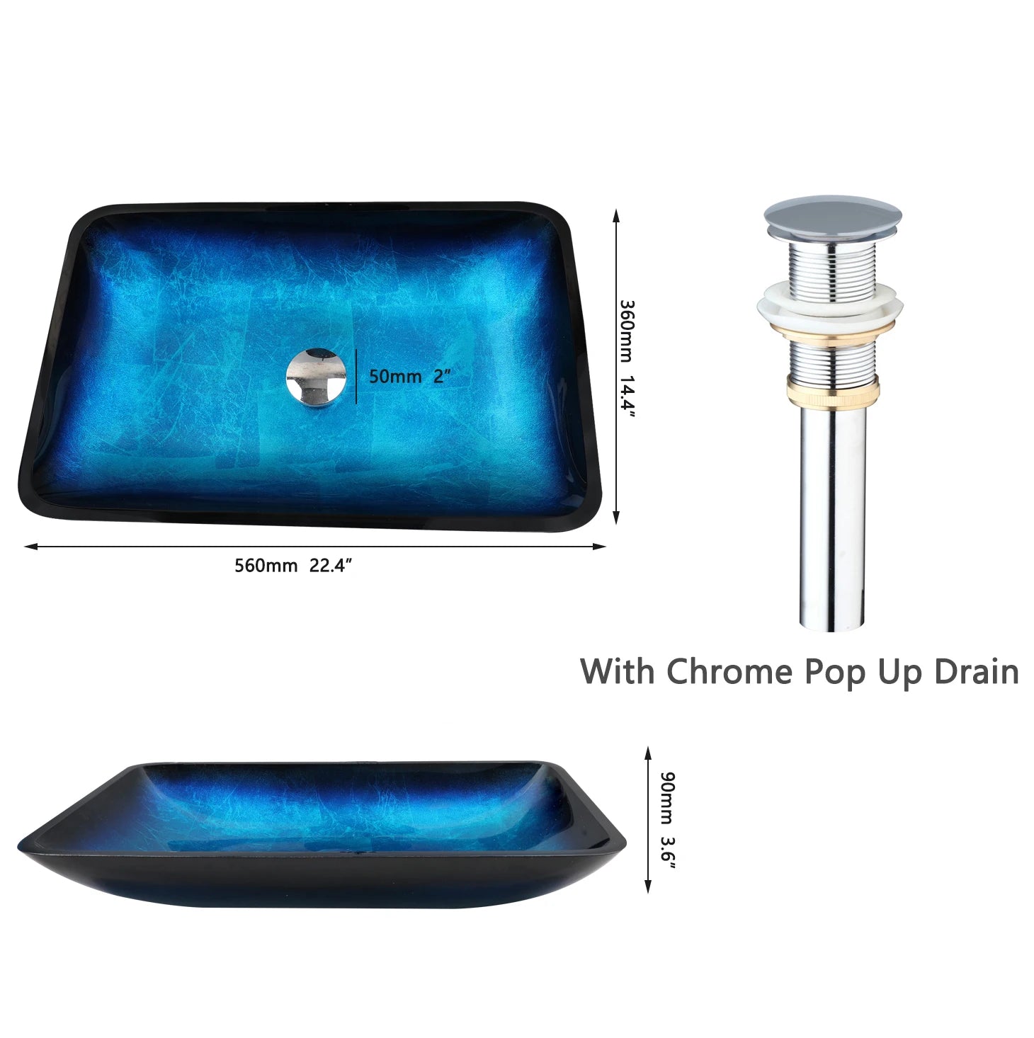 MC THE BLACK DIAMOND ZAPPO tempered glass bathroom vessel sink with waterfall black faucet, oval blue basin above counter.
