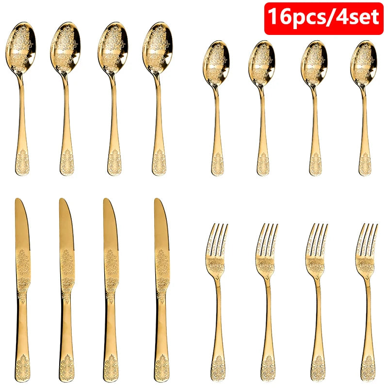 16/24-piece silverware set by MC The Black Diamonds, stainless steel gold cutlery kit with forks, knives, spoons for kitchen use
