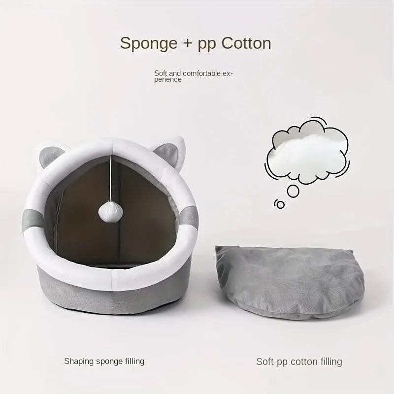 1 Comfortable Cartoon Cat House with Removable Pad, Modern Style Pet Bed Cave, Indoor Plush House Bed with Pompom - https://mohammadcollection.com