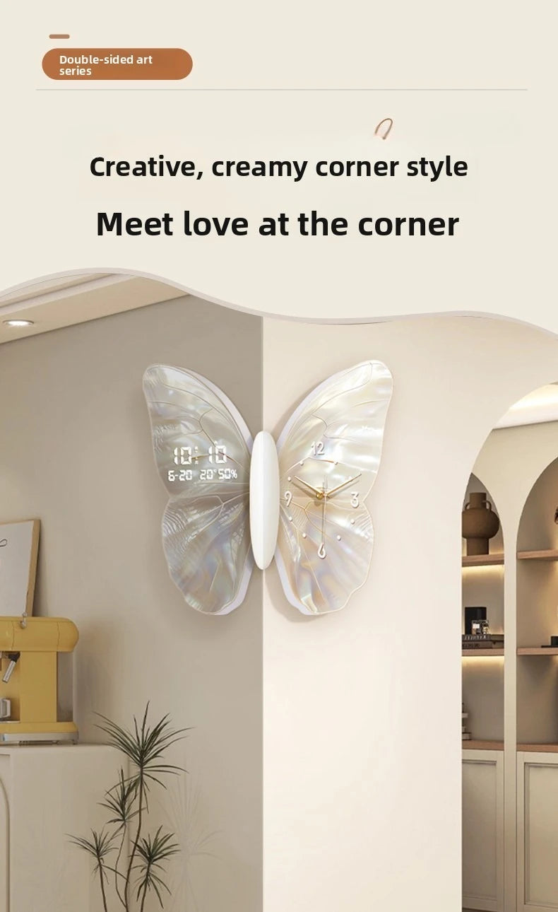 Double-sided white digital wall clock by MC THE BLACK DIAMOND featuring corner design and mute functionality.