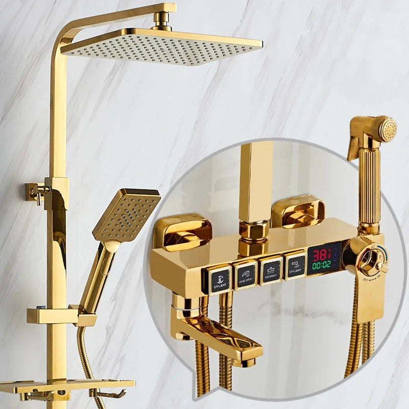 Luxury Hot Cold Digital Bathroom Shower System Thermostatic Brass Faucet Gold Digital Piano Control Rainfall Shower Head Set