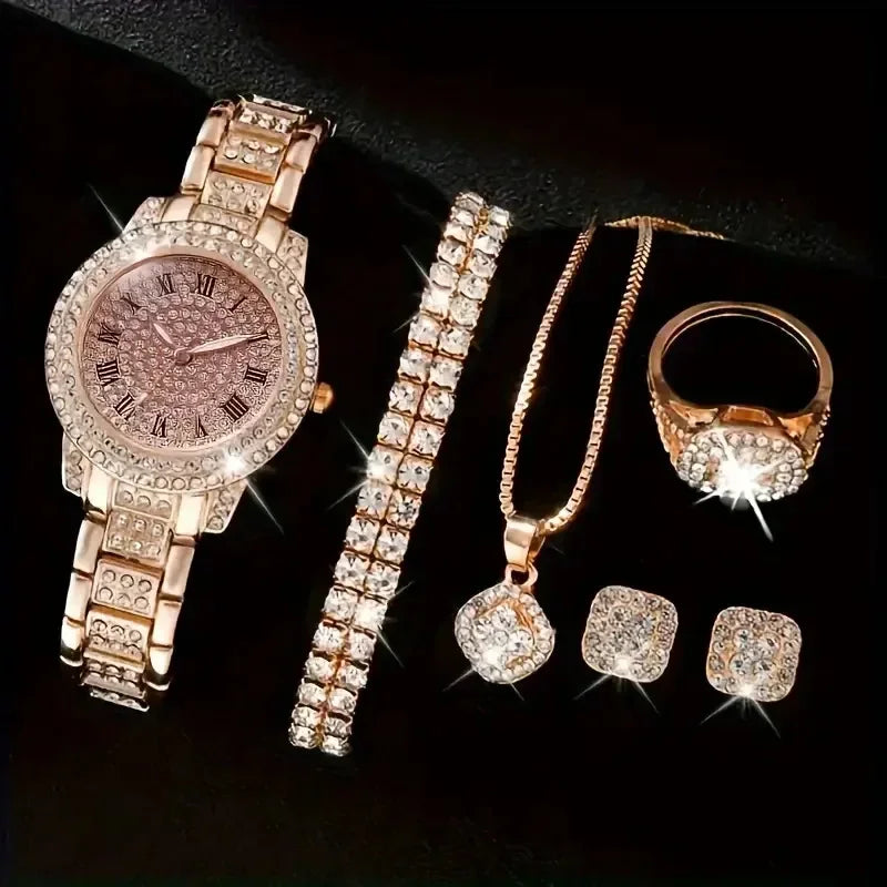 Casual ladies quartz wrist watch bracelet set with six jewelry pieces, featuring stylish designs from Mohammad Collection.