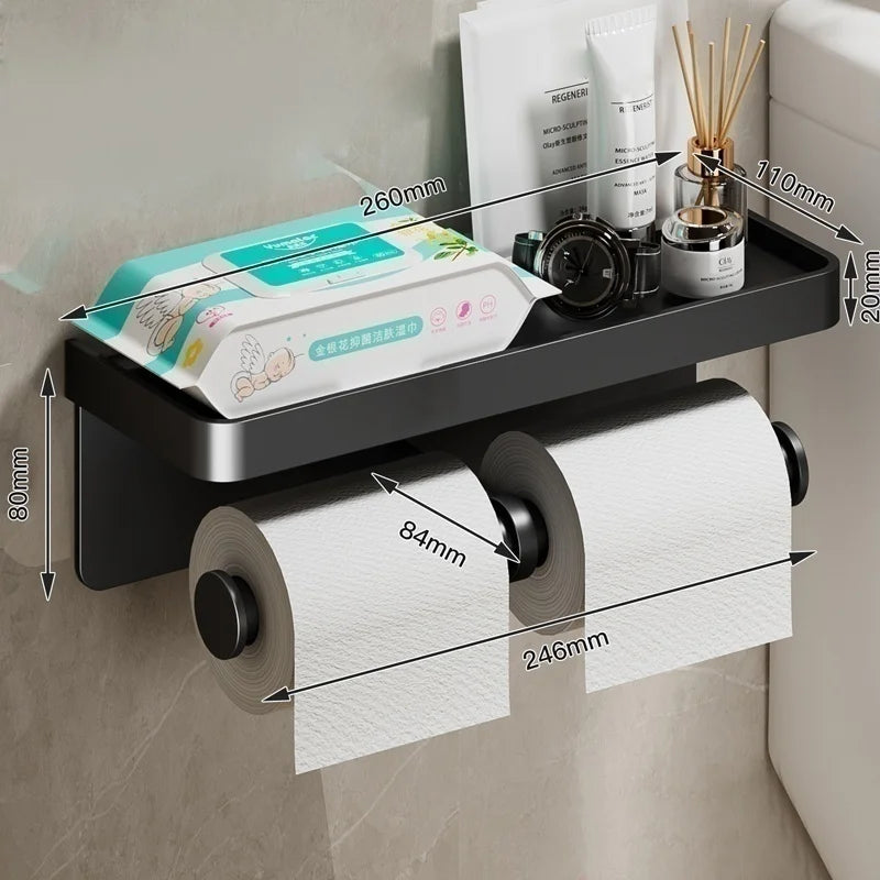 Wall-mounted MC THE BLACK DIAMOND toilet paper holder with waterproof tissue box and storage rack for bathroom organization.