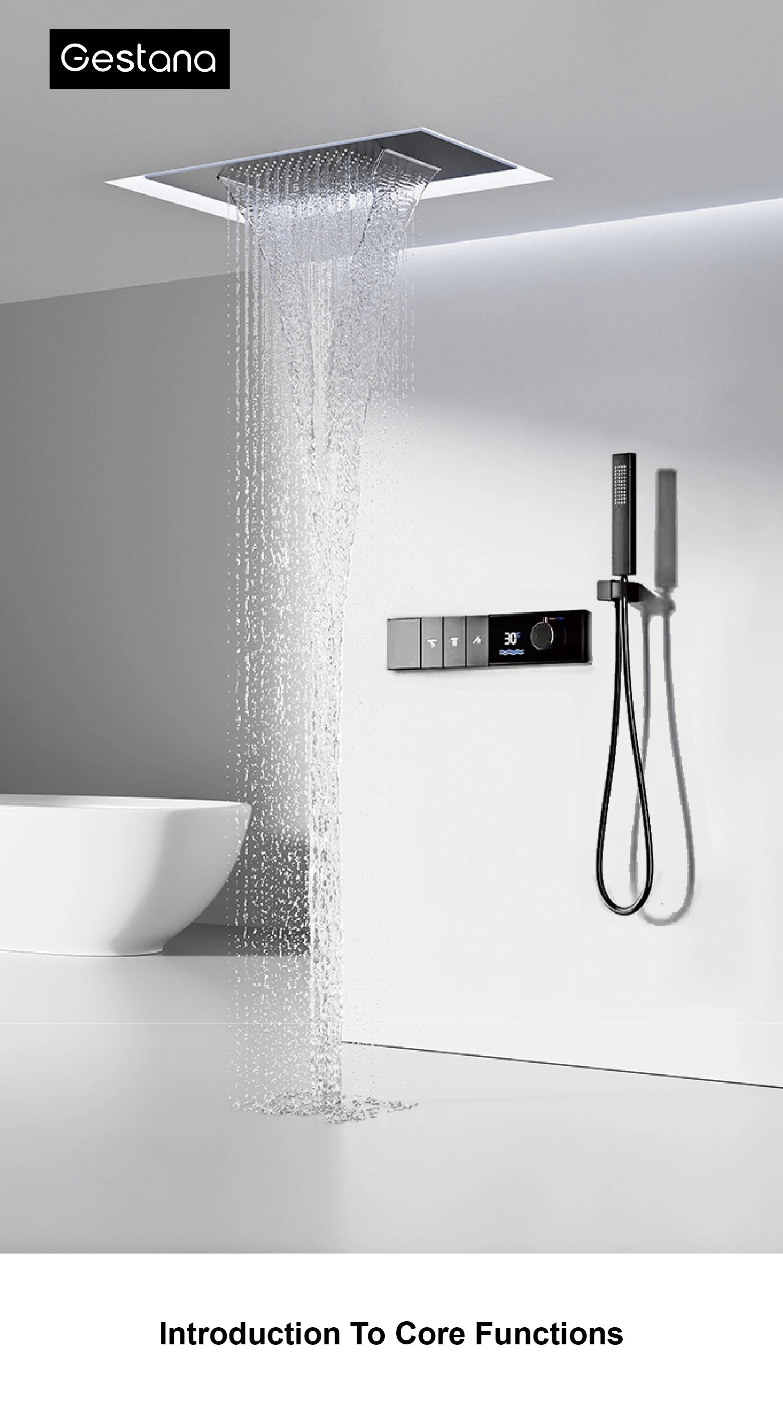 Luxury brass shower system with grey finish, LED display, 3 spray modes, waterfall outlet, and bath mixer from ๐๐ ๐๐๐ ๐น๐๐๐๐ ๐ป