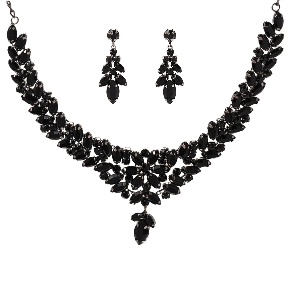 Graceful Black Leaves Jewelry Set Crystal Bridal Gift for Wedding Boho Design Rhinestone Necklace Earrings Set Piercing Handmade - https://mohammadcollection.com