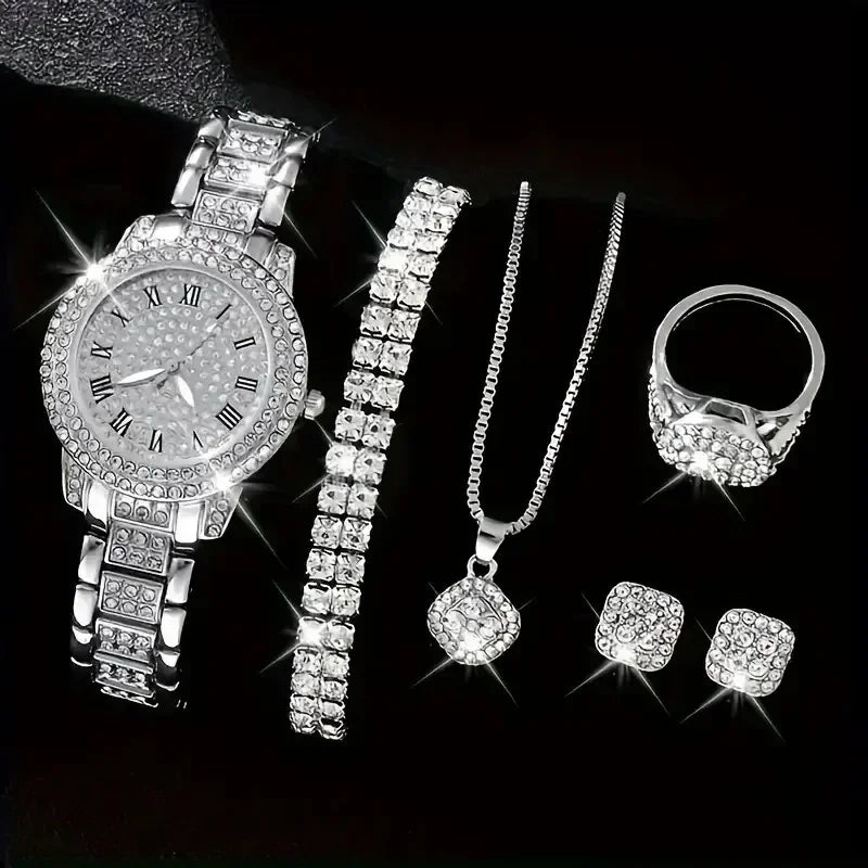 Casual ladies quartz wrist watch bracelet set with six jewelry pieces, featuring elegant designs from Mohammad Collection.