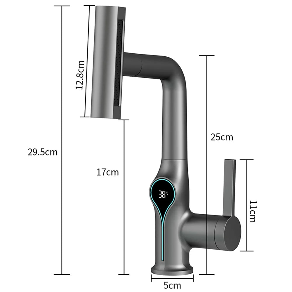 Waterfall basin faucet with digital temperature display and stream sprayer from ๐๐ ๐๐๐ ๐น๐๐๐๐ ๐ป๐๐๐๏ฟฝ