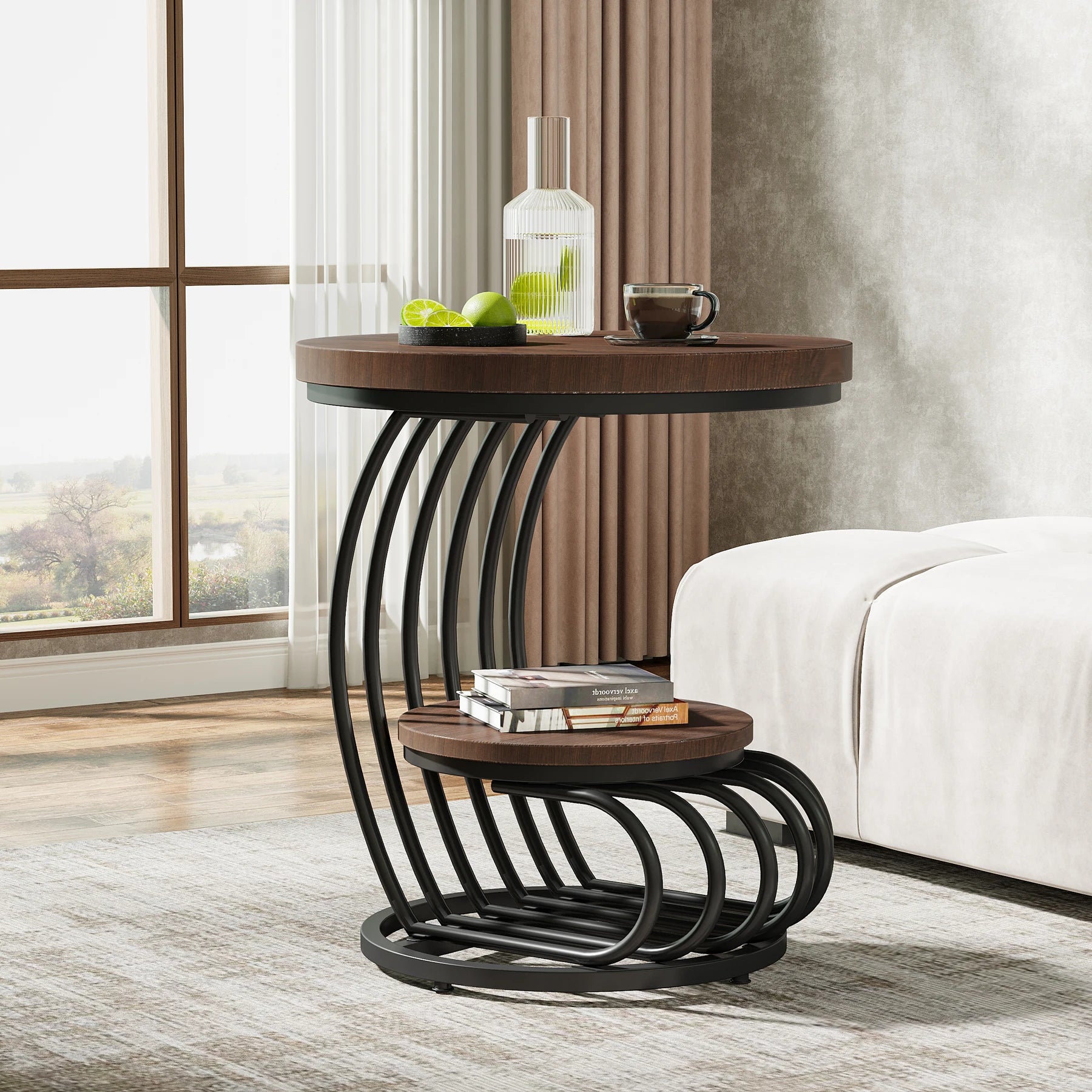 Tribesigns Gold Round End Table: 2 Tiers Faux Marble Side Table with Storage Shelf, Modern White Gold Bedside Nightstand - https://mohammadcollection.com