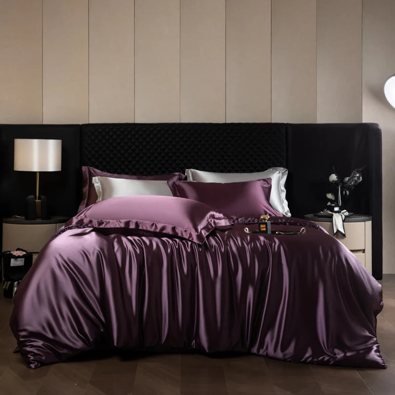 Luxury silk bedsheet set with duvet cover, fitted and flat sheets, and pillowcases in king and queen sizes by 𝕄𝕔 𝕋𝕙𝕖 𝔹𝕝𝕒𝕔𝕜 𝔻