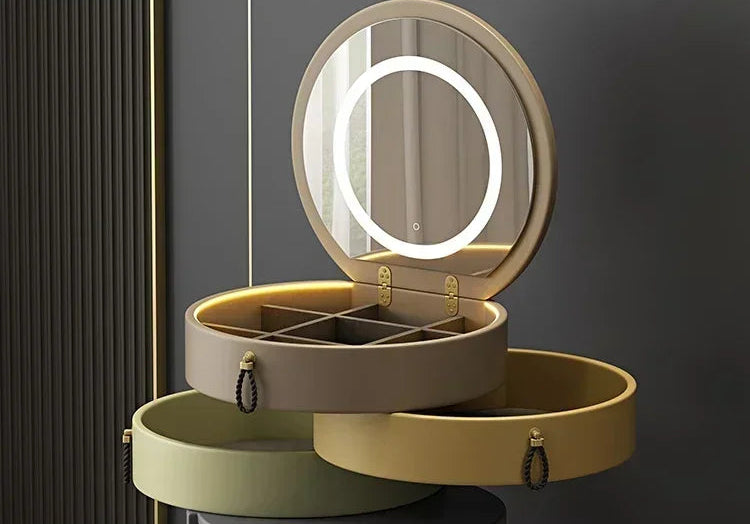 Modern makeup vanity with storage drawer, luxury mirror, and seating stool by MC THE BLACK DIAMOND, showcasing sleek design and mirror.