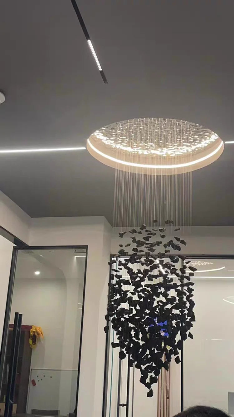 Black Art Luxury Stone Crystal Chandelier For Staircase Hallway Lobby Modern Cristal LED Hanging Lamp Home Indoor Light Fixtures