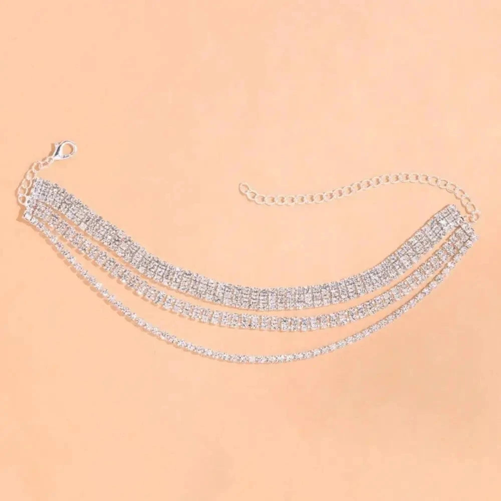 Stonefans Bling layered barefoot anklet with rhinestones, jewelry leg chain for women, perfect for summer beach and holiday wear.