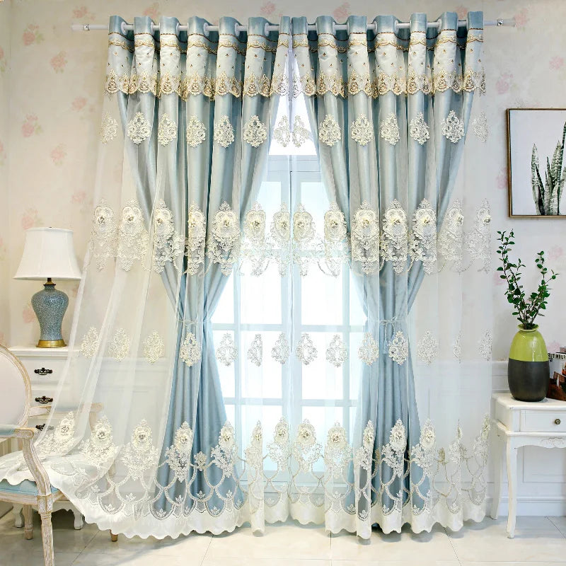 Elegant Double-Layer Curtains with Embossed Base & 3D Embroidered Detailing Decorative Blackout Drapes for Bedroom/Living Room - https://mohammadcollection.com
