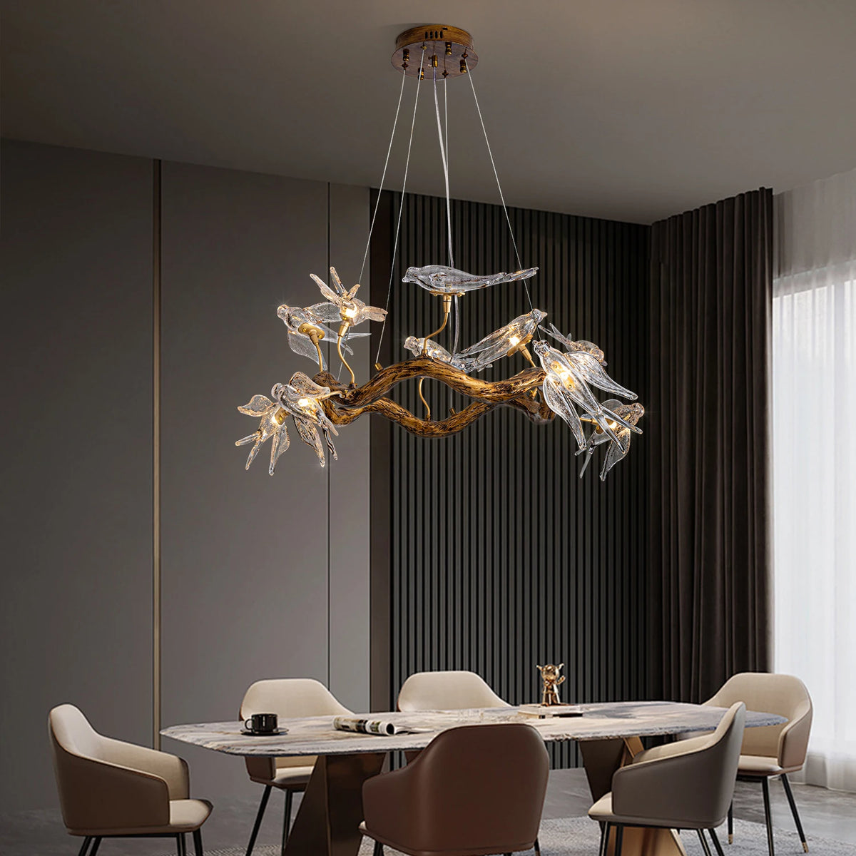Vintage round bird chandelier featuring swallow design by MC THE BLACK DIAMOND, elegant ceiling lighting fixture with intricate details.
