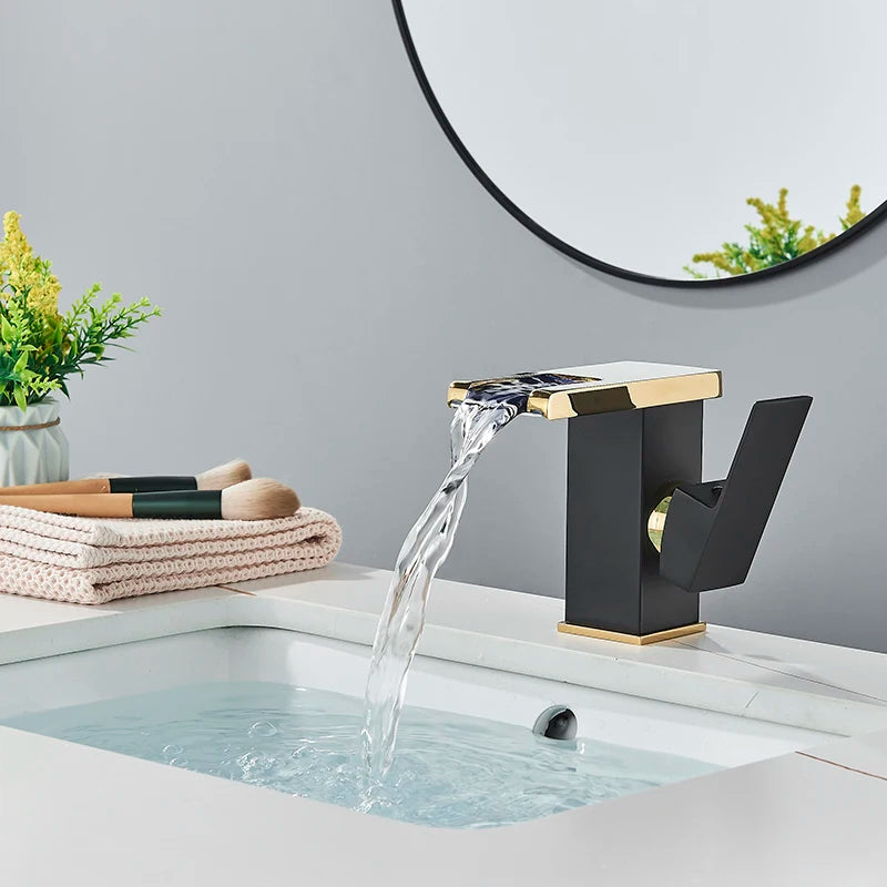 Luxury MC THE BLACK DIAMOND LED black basin faucet with tall and short bath tap, single handle, hot and cold water flow, electricity generation