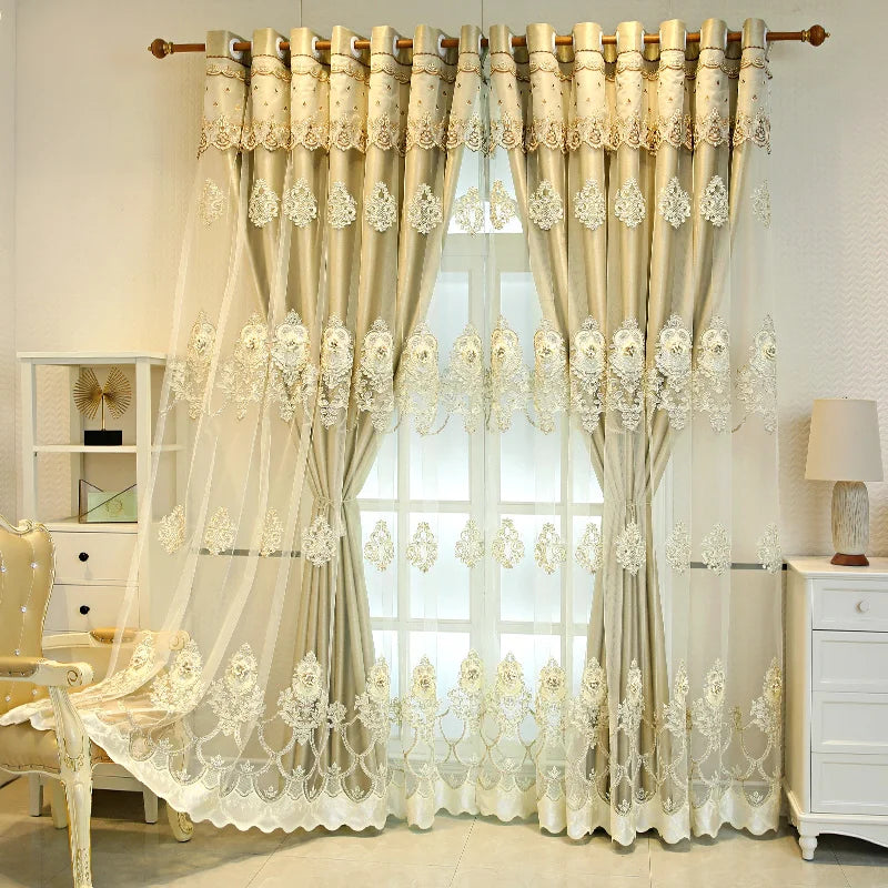 Elegant Double-Layer Curtains with Embossed Base & 3D Embroidered Detailing Decorative Blackout Drapes for Bedroom/Living Room - https://mohammadcollection.com