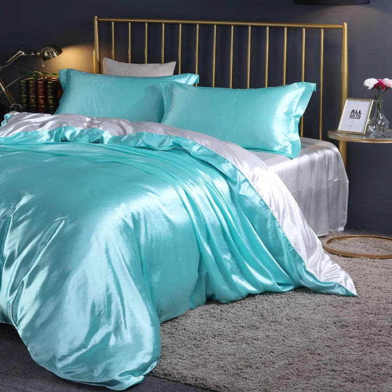Luxury silk bedsheet set with duvet cover, fitted and flat sheets, and pillowcases in solid color from 𝕄𝕔 𝕋𝕙𝕖 𝔹𝕝𝕒𝕔𝕜 𝔻�
