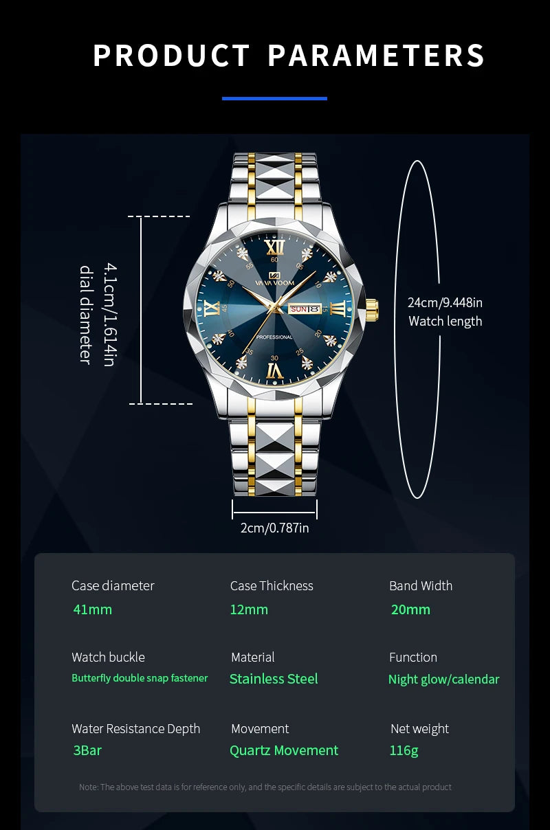 Men Watch Water Diamond Luxury Night Glow Double Calendar Quartz Movement 41mm Blue Gold Stainless Steel Fashion Business Watch - https://mohammadcollection.com