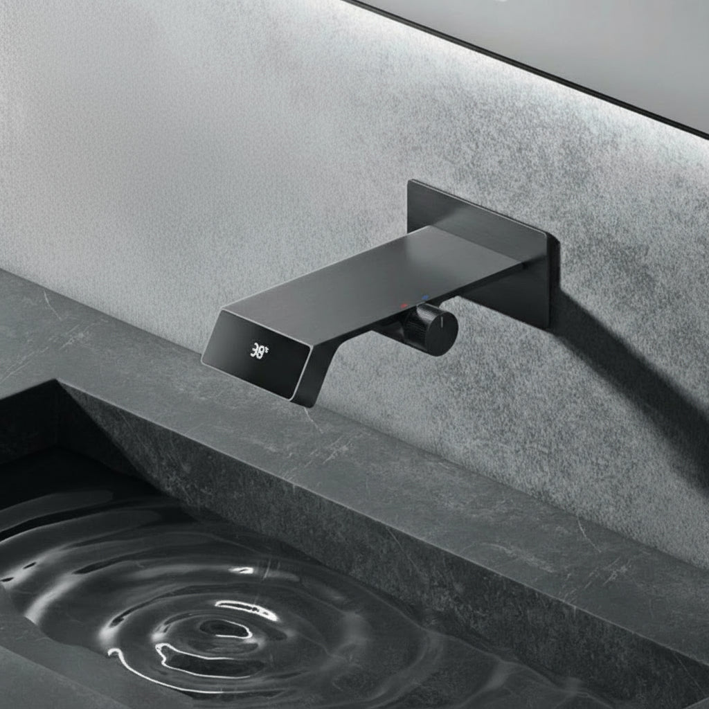 Luxury gray brass bathroom faucet with LED digital display by MC THE BLACK DIAMOND, showcasing modern home decor design.
