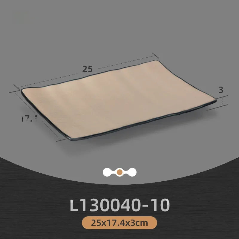 Rectangular Japanese-style melamine dinner plate with durable coating, ideal for barbecues and versatile kitchen use.