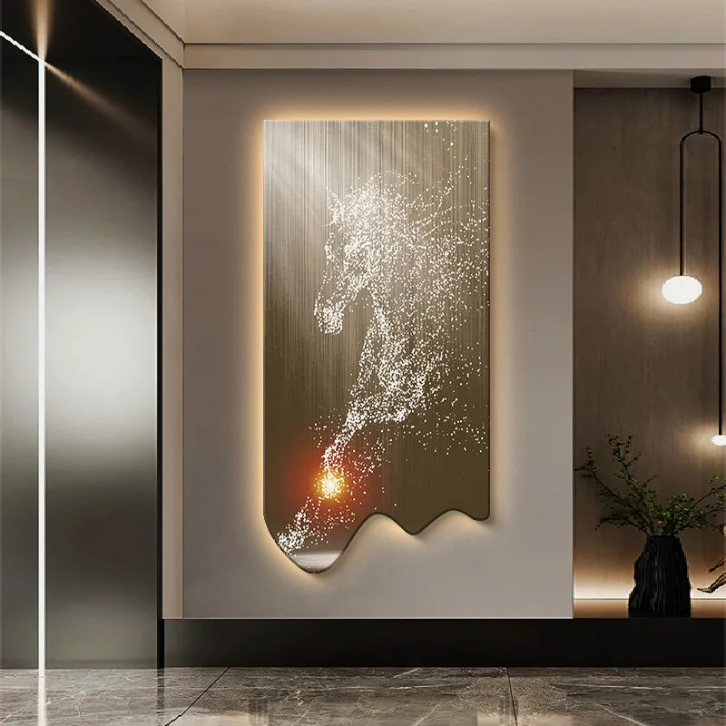 Modern horse-themed wall decor painting by MC THE BLACK DIAMOND, featuring luminous LED lighting for luxury living room or corridor decor.