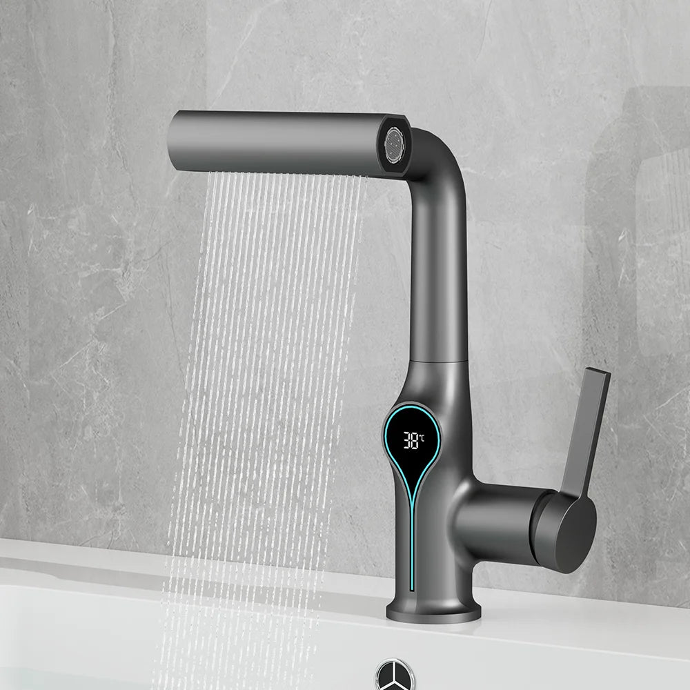 Black bathroom waterfall basin faucet with digital temperature display and handheld sprayer, hot and cold water mix, by ๐๐ ๐๐๐ ๐น๐๐๐๐ ๐ป๏ฟฝ