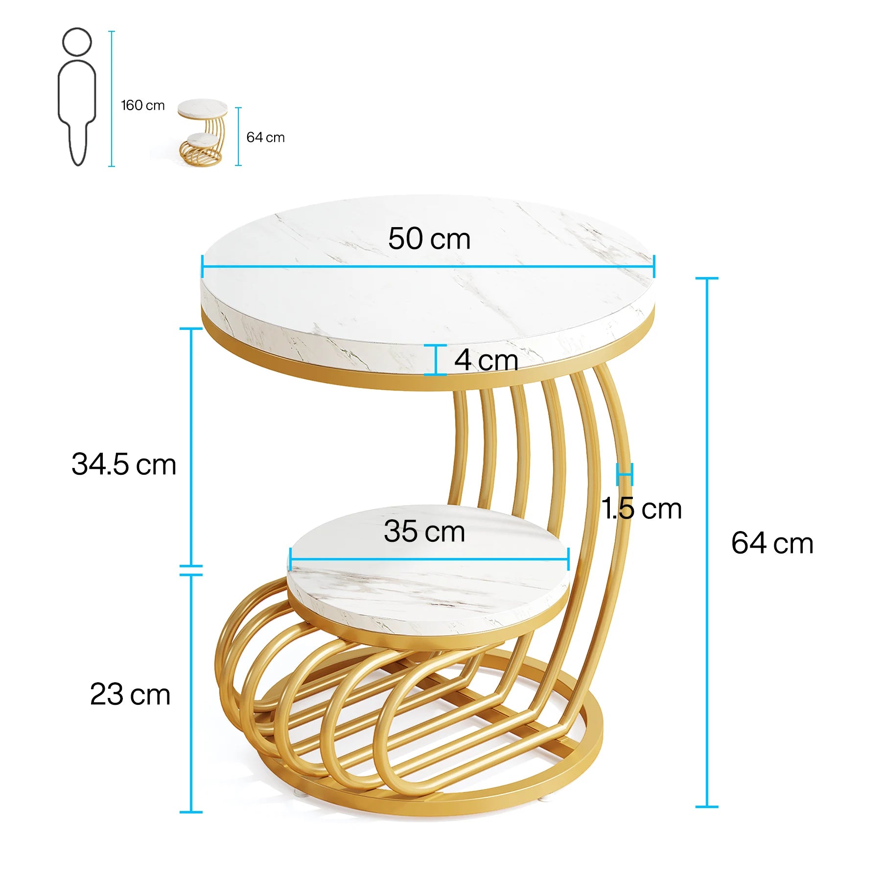 Tribesigns Gold Round End Table: 2 Tiers Faux Marble Side Table with Storage Shelf, Modern White Gold Bedside Nightstand - https://mohammadcollection.com
