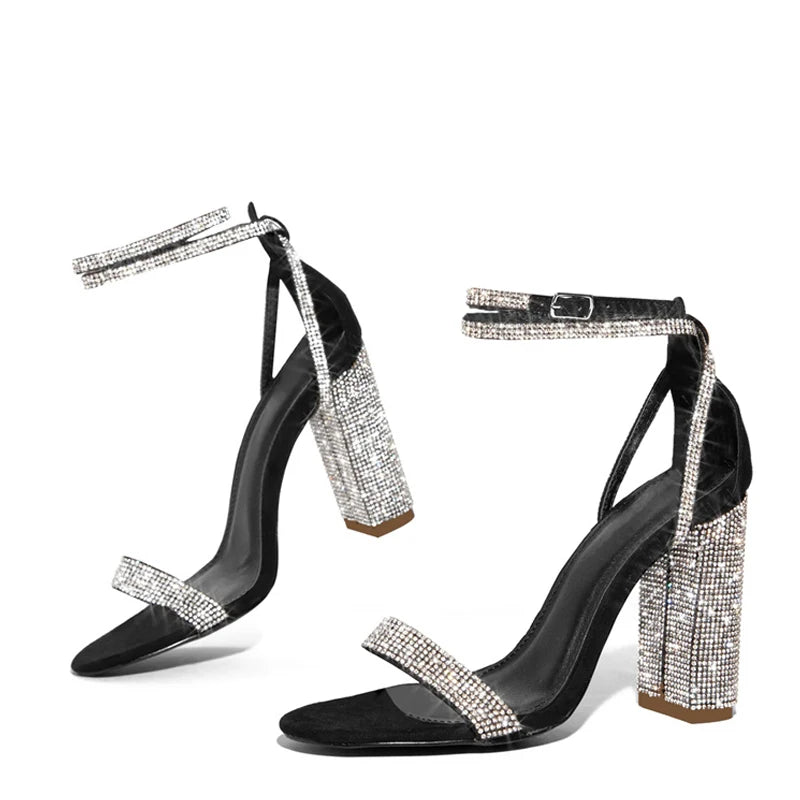Liyke Fashion glitter rhinestones square high heels sandals with black straps and sparkling embellishments, by 𝕄𝕮 𝕋𝕙𝕖 𝔹𝕝𝕒𝕔𝕜 𝔻𝕚