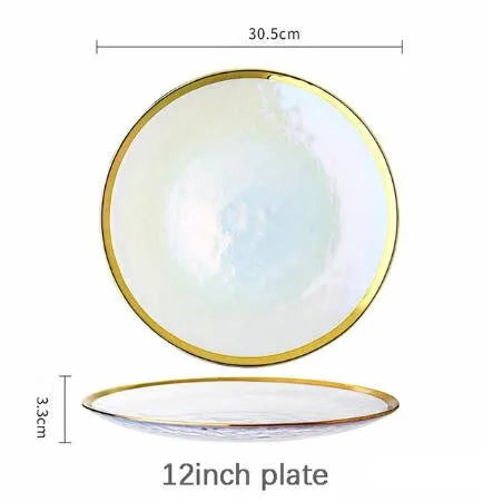 Rainbow glass dinner plates and salad bowls with gilt rim, clear glass serving tray from 𝕄𝕔 𝕋𝕙𝕖 𝔹𝕝𝕒𝕔𝕜 𝔻𝕚𝕒�
