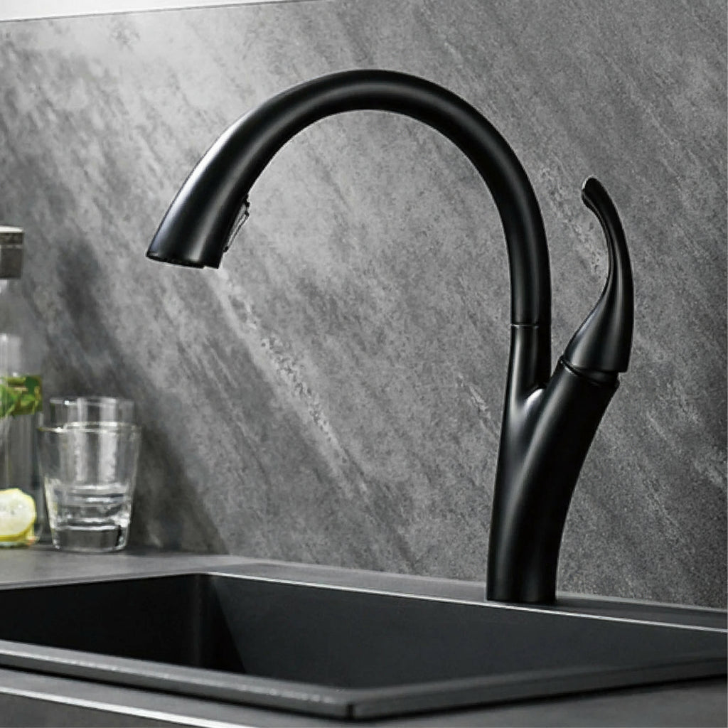 Modern black brass kitchen faucet with single handle, pull-out spray, hot and cold water functionality, by MC THE BLACK DIAMOND.