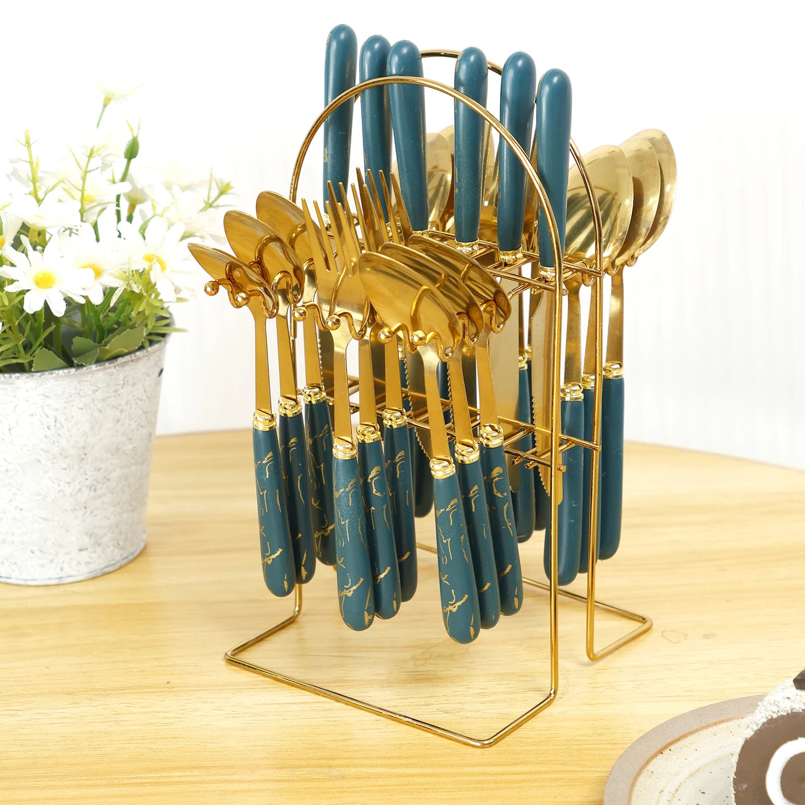 Stainless steel 24-piece tableware set with holder, including forks, knives, and spoons for six, mirror polished by MC The Black Diamonds.