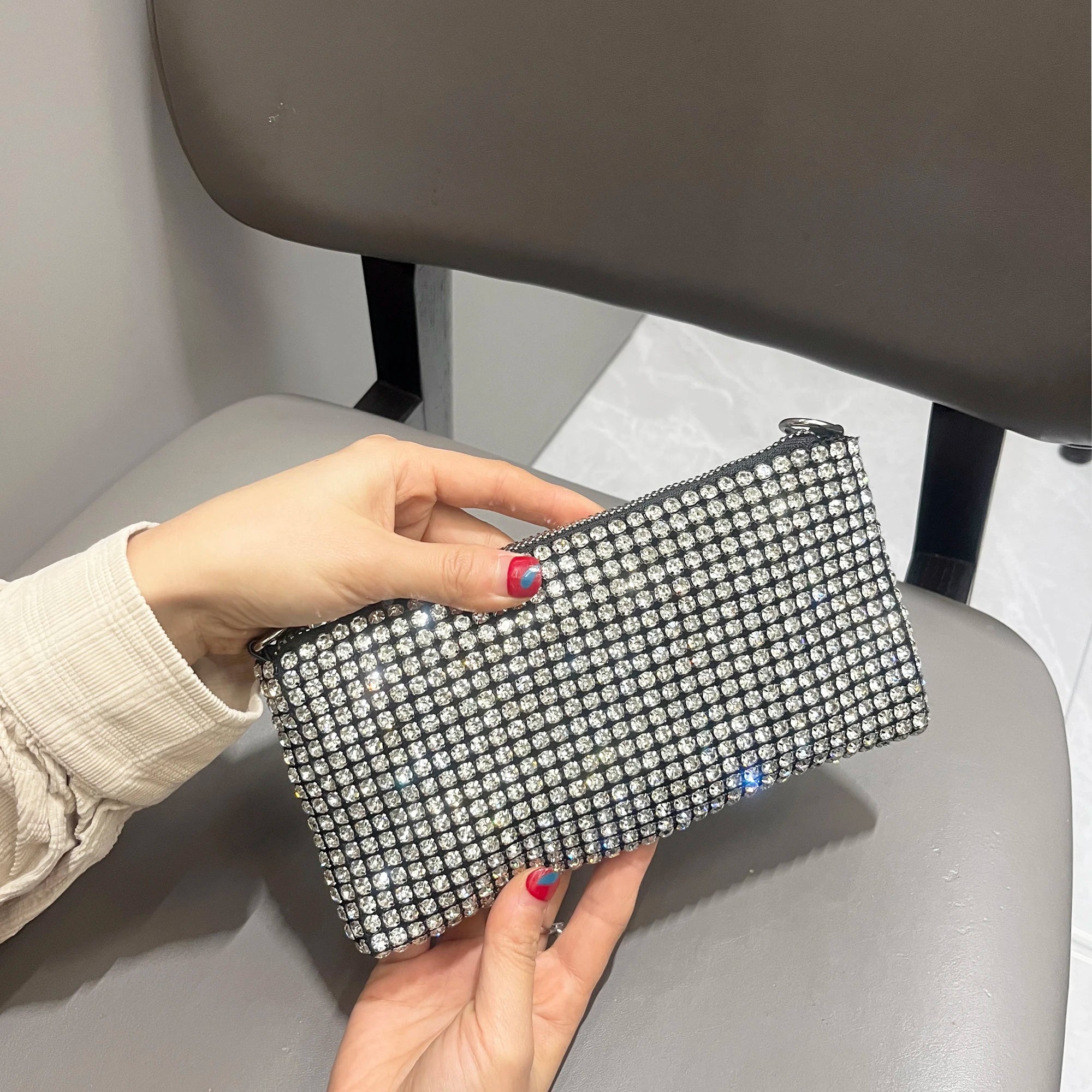 Luxury MC THE BLACK DIAMOND rhinestones clutch purse, women's handle shoulder bag with sparkling embellishments and elegant design.