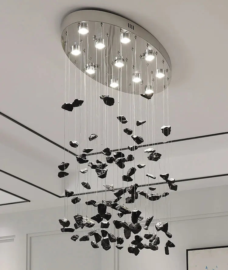 Black Art Luxury Stone Crystal Chandelier For Staircase Hallway Lobby Modern Cristal LED Hanging Lamp Home Indoor Light Fixtures