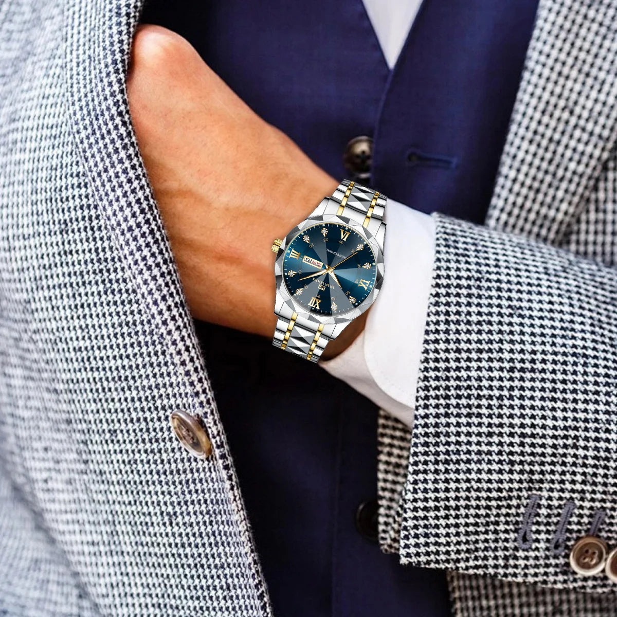 Men Watch Water Diamond Luxury Night Glow Double Calendar Quartz Movement 41mm Blue Gold Stainless Steel Fashion Business Watch - https://mohammadcollection.com