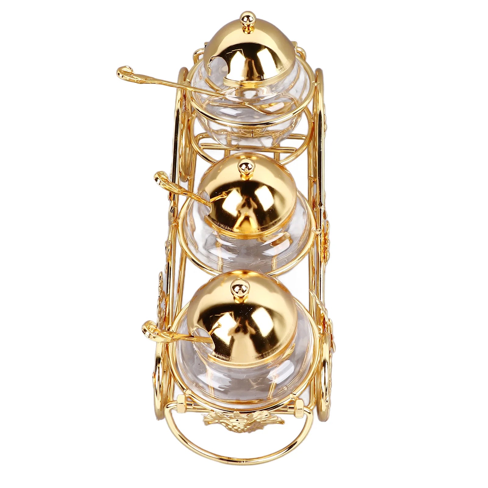 European style polished glass sugar bowl with a golden lid, part of MC THE BLACK DIAMOND's condiment serveware collection.