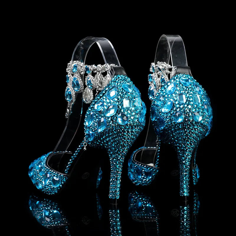 Elegant MC THE BLACK DIAMOND crystal pendant banquet high heels for prom and wedding, featuring sparkling embellishments and stylish design.