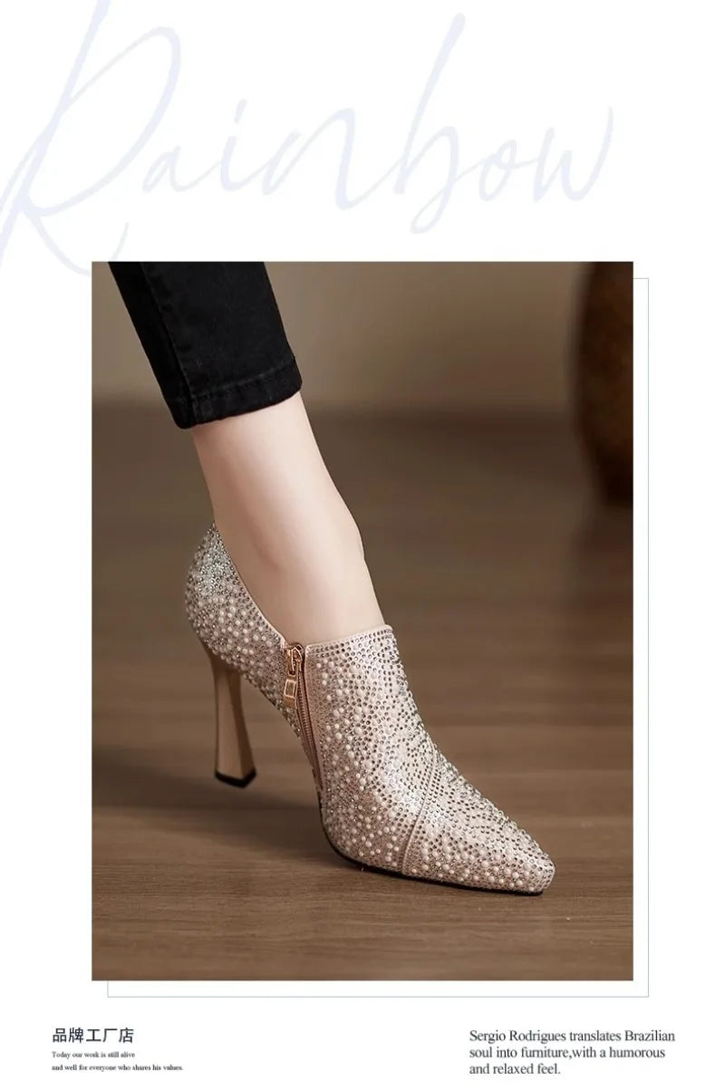 Elegant rhinestone high heels by Mohammad Collection featuring pointed toes, pearls, crystals, and champagne pumps for weddings.