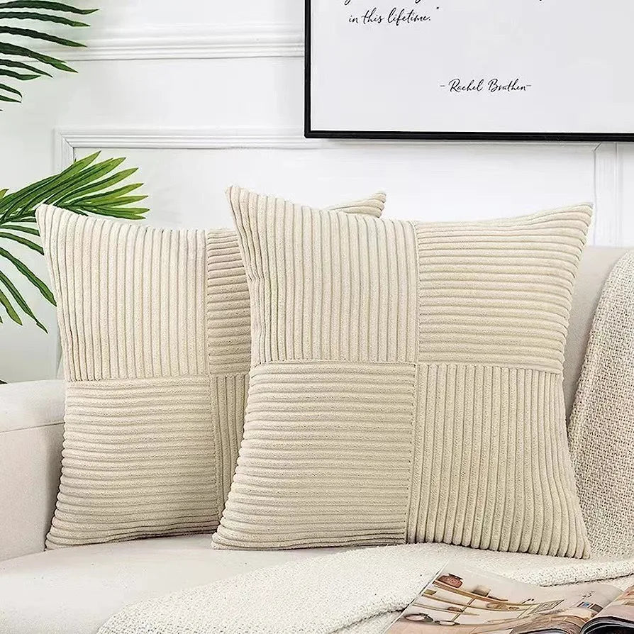 Mustard yellow corduroy pillow cover with boho spliced patchwork design for soft, textured cushion decoration.