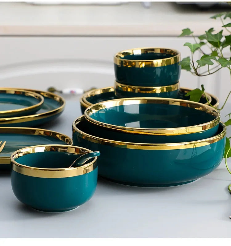 Green ceramic plate from Mc The Black Diamonds, used for serving steak and food in a stylish kitchen setting.