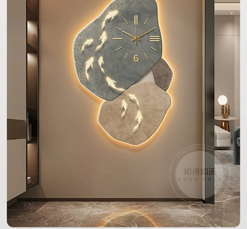 Modern MC THE BLACK DIAMOND Nine Fish Map Wall Clock with luminous hands, decorative entrance and corridor hanging clock, luxury design