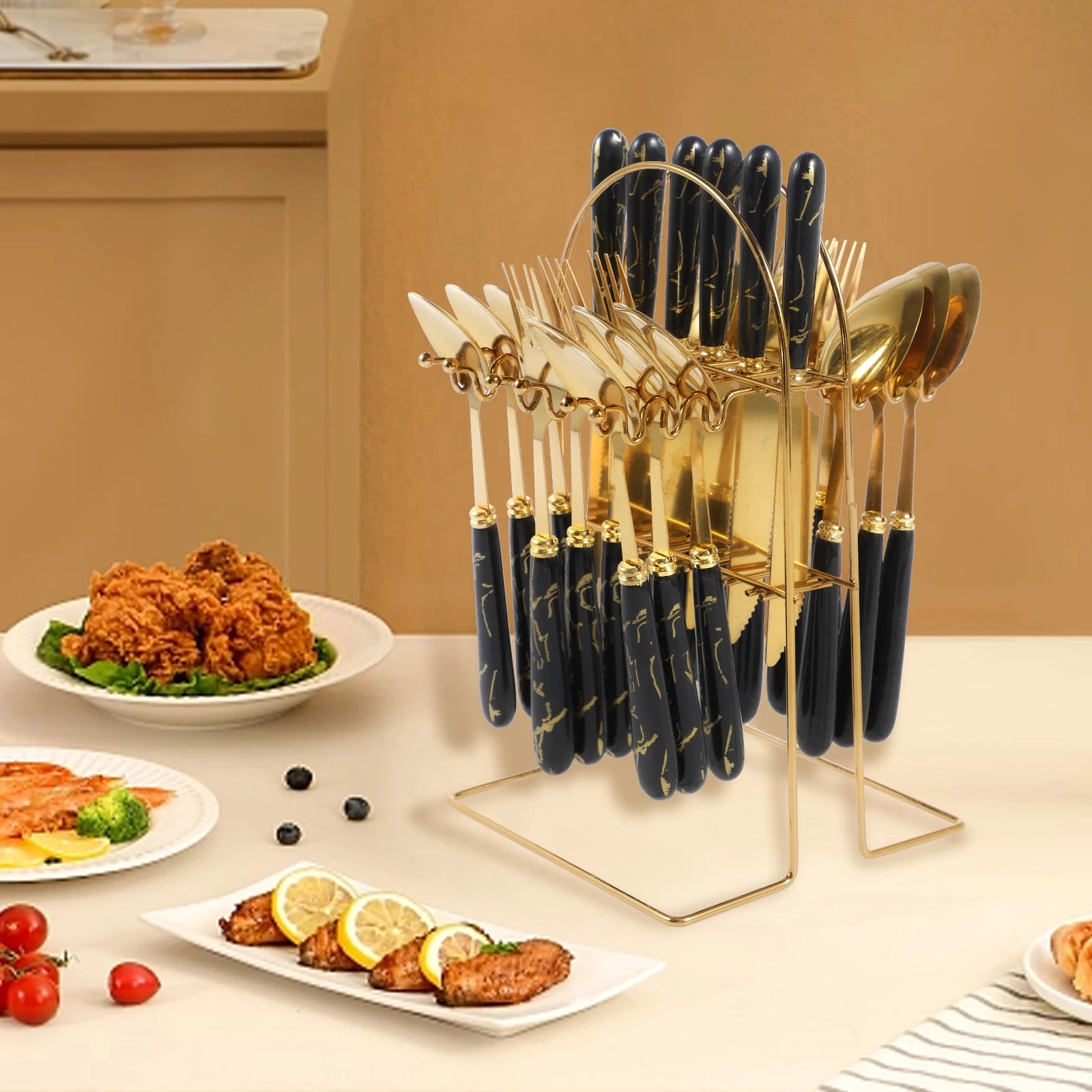 Stainless steel flatware set with 24 pieces and holder, featuring forks, knives, spoons from MC THE BLACK DIAMOND.