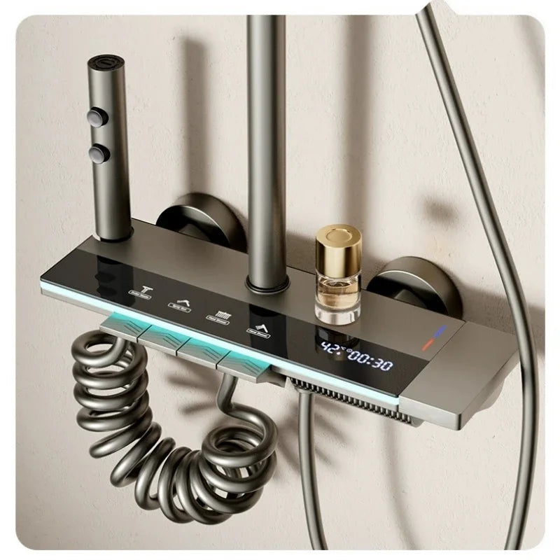Grey MC THE BLACK DIAMOND four-function digital display shower system with rainfall and wall-mounted faucet in a bathroom setting.